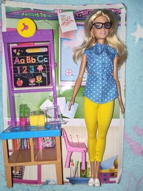 Blonde Teacher Doll in Blue Polka Dot Top & Yellow Pants - Kids Toys